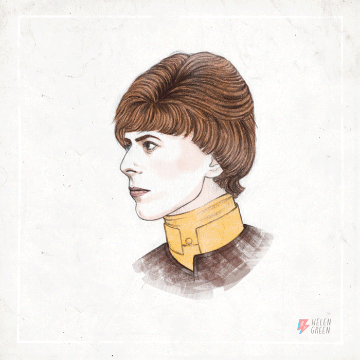 Gif criado pela ilustradora Helen Green, sintetizando as muitas faces de David Bowie.